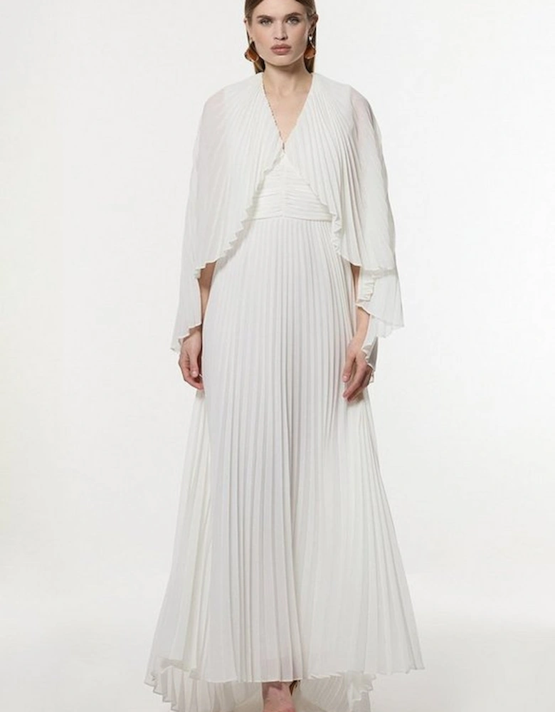 Pleated Cape Sleeve Plunge Neck Maxi Dress