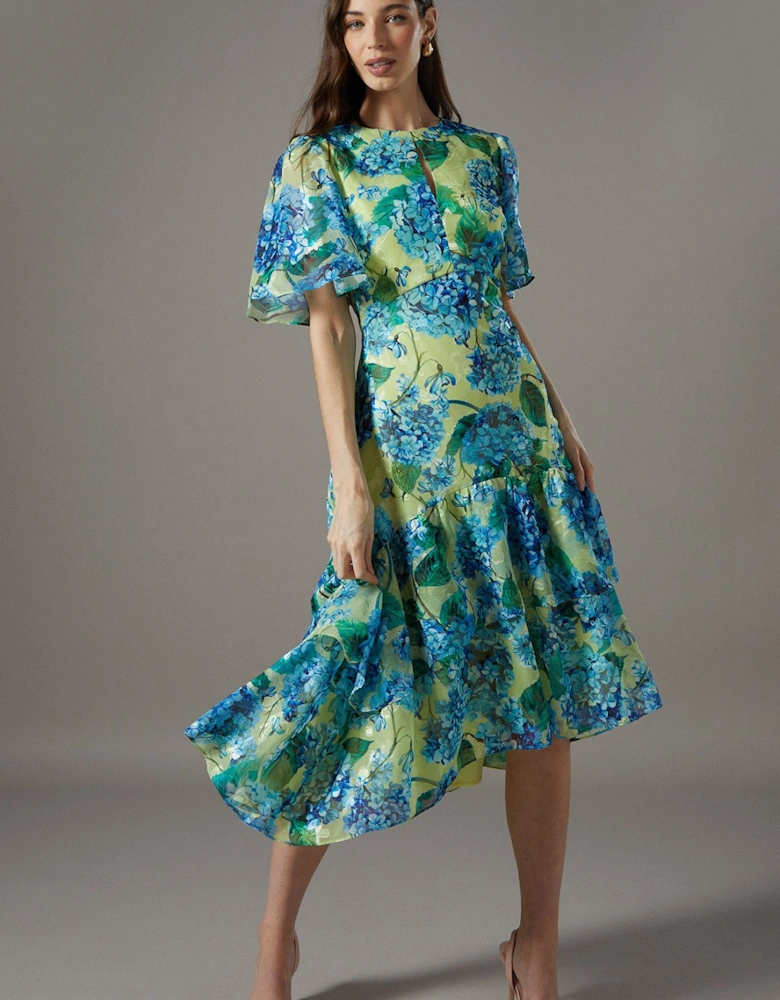 Hydrangea Print Tiered Midi Dress