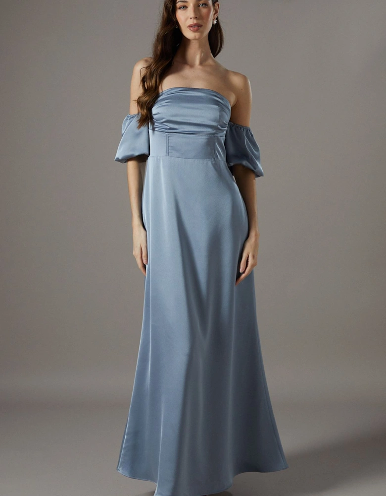 Puff Sleeve Bardot Satin Maxi Bridesmaids Dress