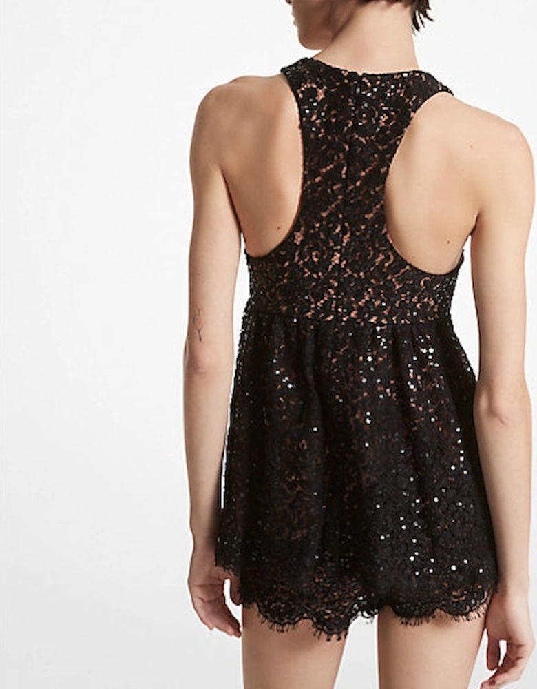 Hand-Embroidered Sequin Floral Lace Baby Doll Tank Top