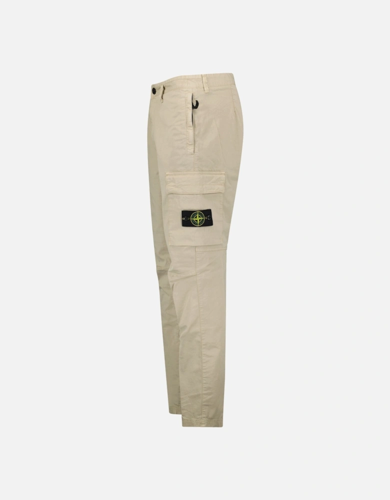 Stretch Organic Broken Twill Cotton 'OLD' Effect Cargo Trousers in Beige