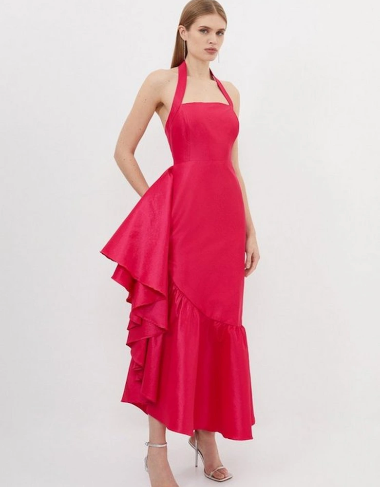 Metallic Taffeta Halterneck Ruffle Hem Maxi Dress