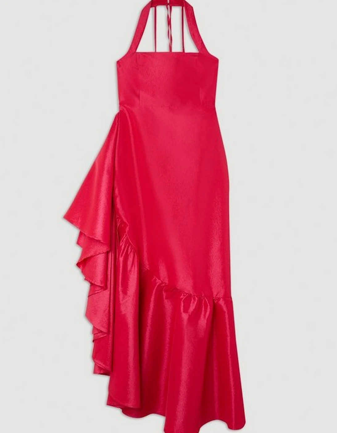 Metallic Taffeta Halterneck Ruffle Hem Maxi Dress