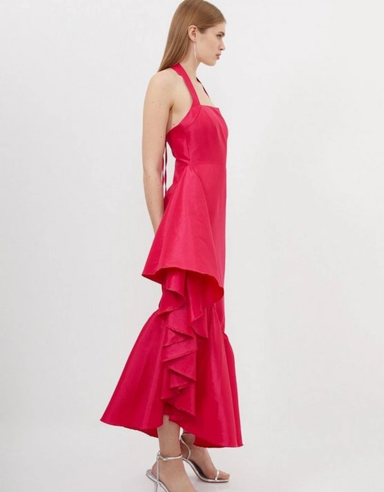 Metallic Taffeta Halterneck Ruffle Hem Maxi Dress