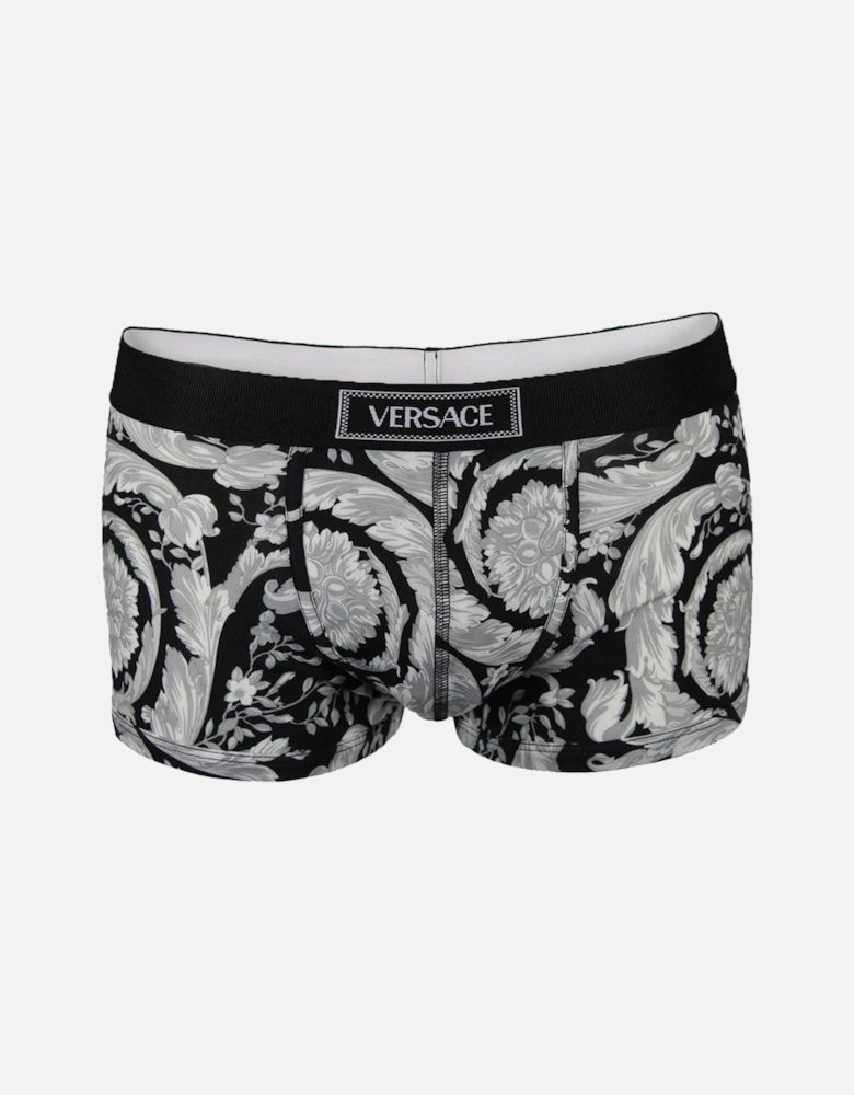 90s Vintage Logo Barocco Print Low Rise Boxer Trunk, Black/Grey