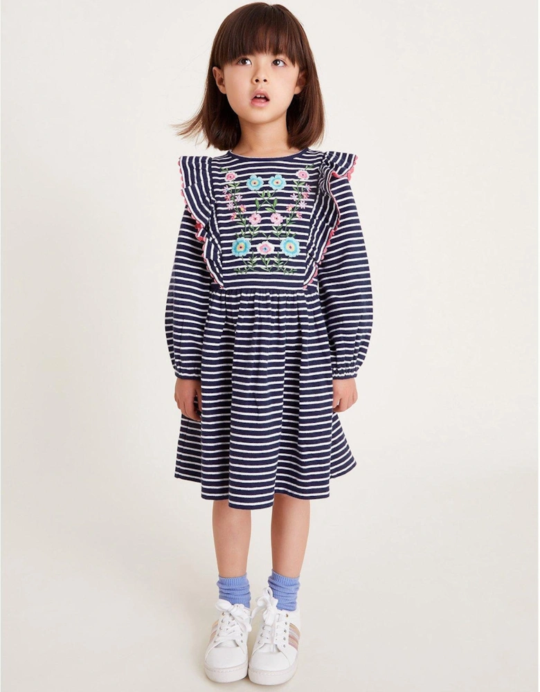 Girls Striped Embroidered Sweat Dress - Navy