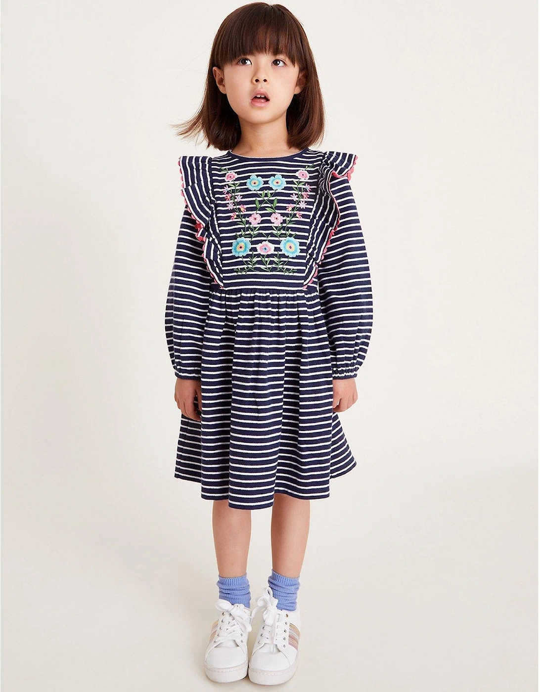 Girls Striped Embroidered Sweat Dress - Navy, 2 of 1