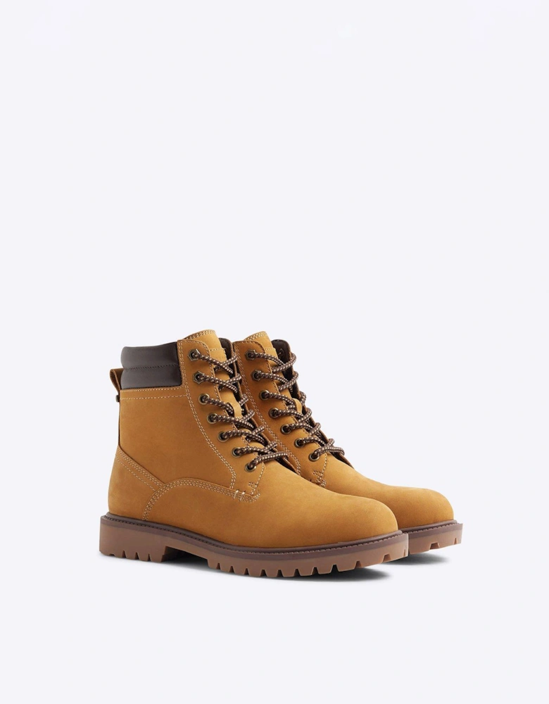 Nubuck Look Padded Collar Lace Up Boots - Light Brown