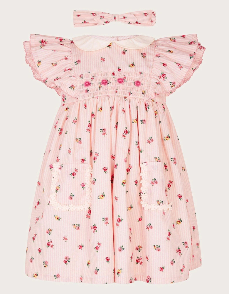 Baby Girls Ditsy Floral Striped Dress - Ivory