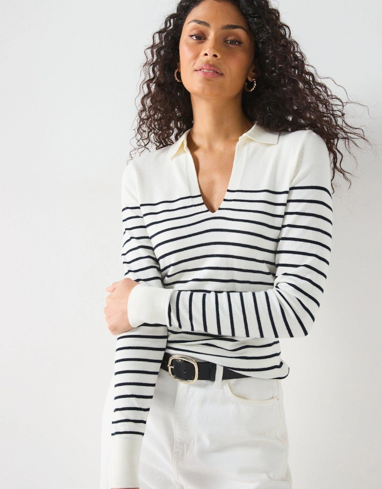 Knitted Collared V Neck Stripe Jumper - Print