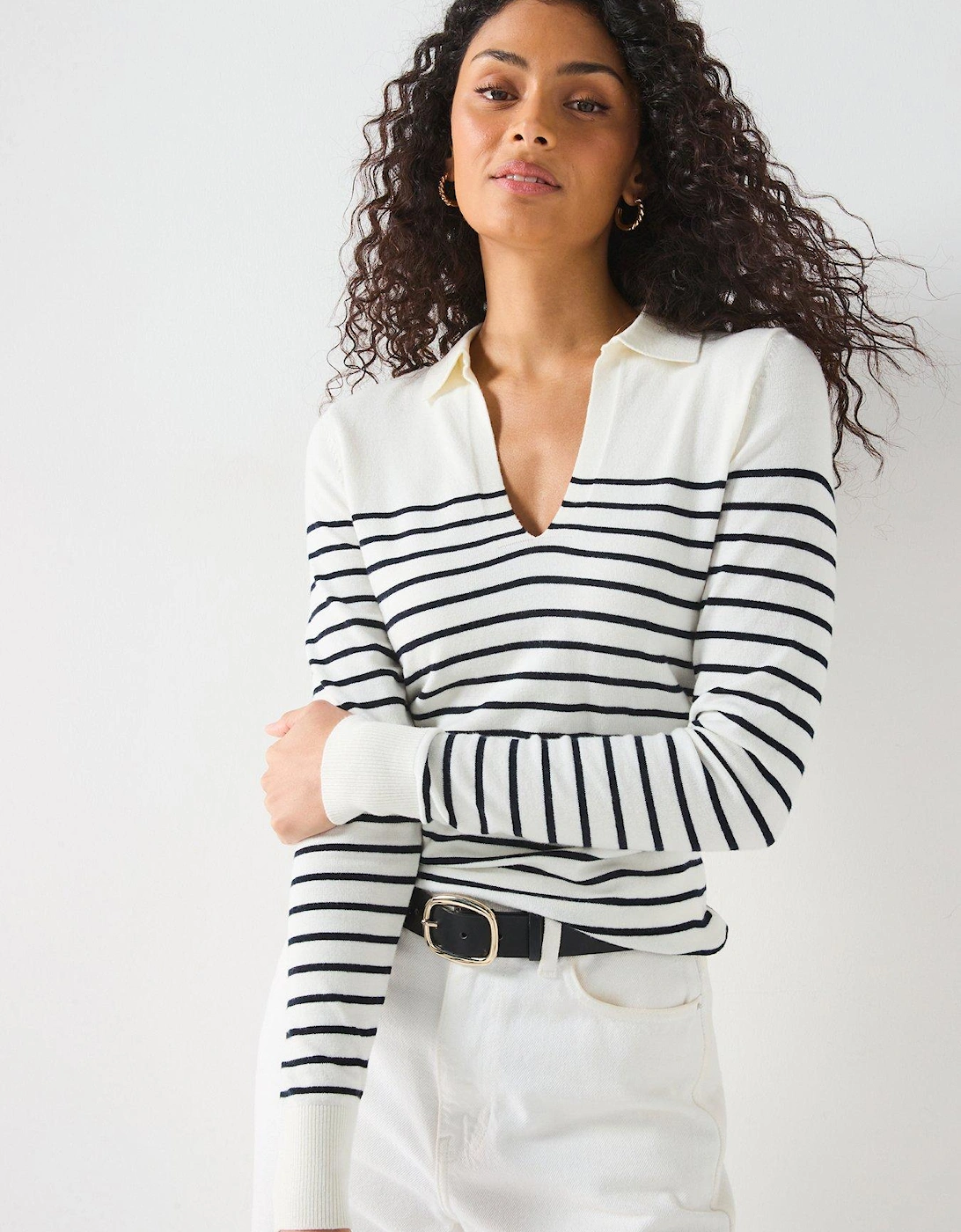 Knitted Collared V Neck Stripe Jumper - Print, 2 of 1