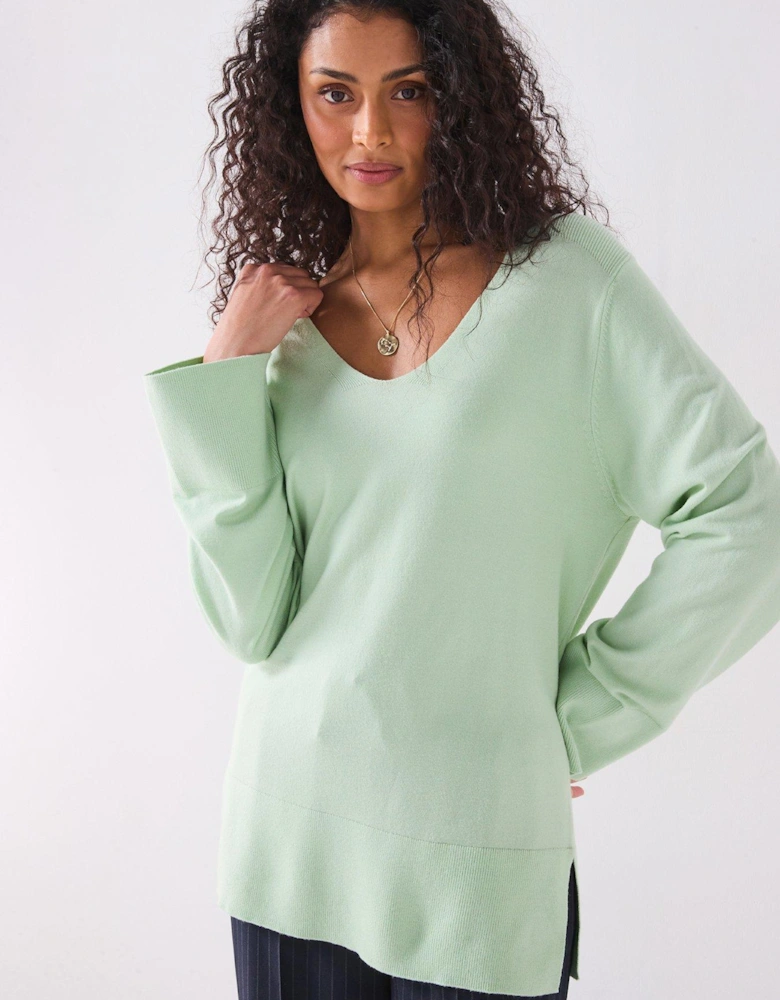 Longline Rib Detail V Neck Jumper - Light Green