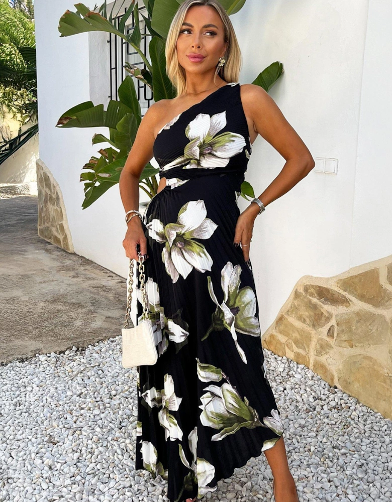 One Shoulder Cut Out Pleated Midi Dress - Black Floral