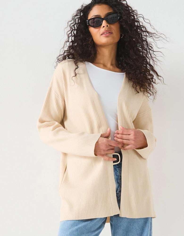 Longline Ribbed Edge To Edge Cardigan - Natural