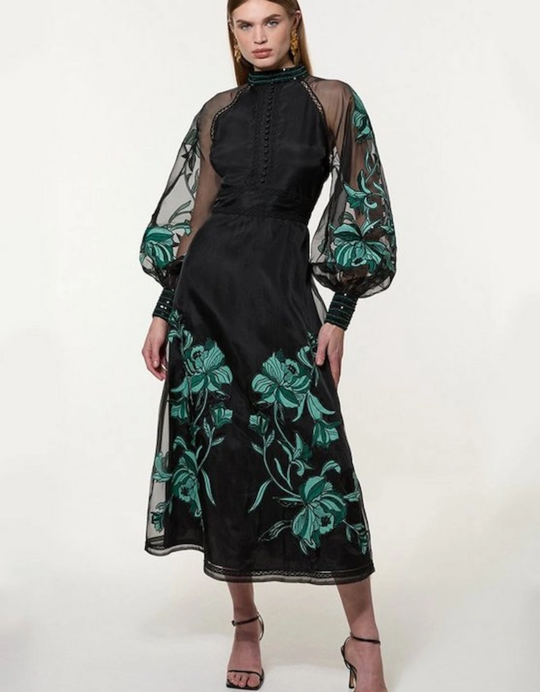 Floral Embroidery Organdie Woven Midi Dress