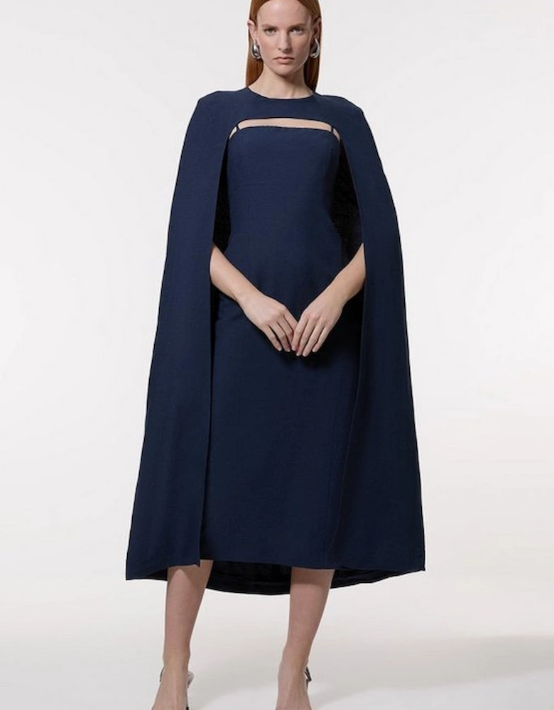 Premium Tailored Linen Drama Cape Midi Dress