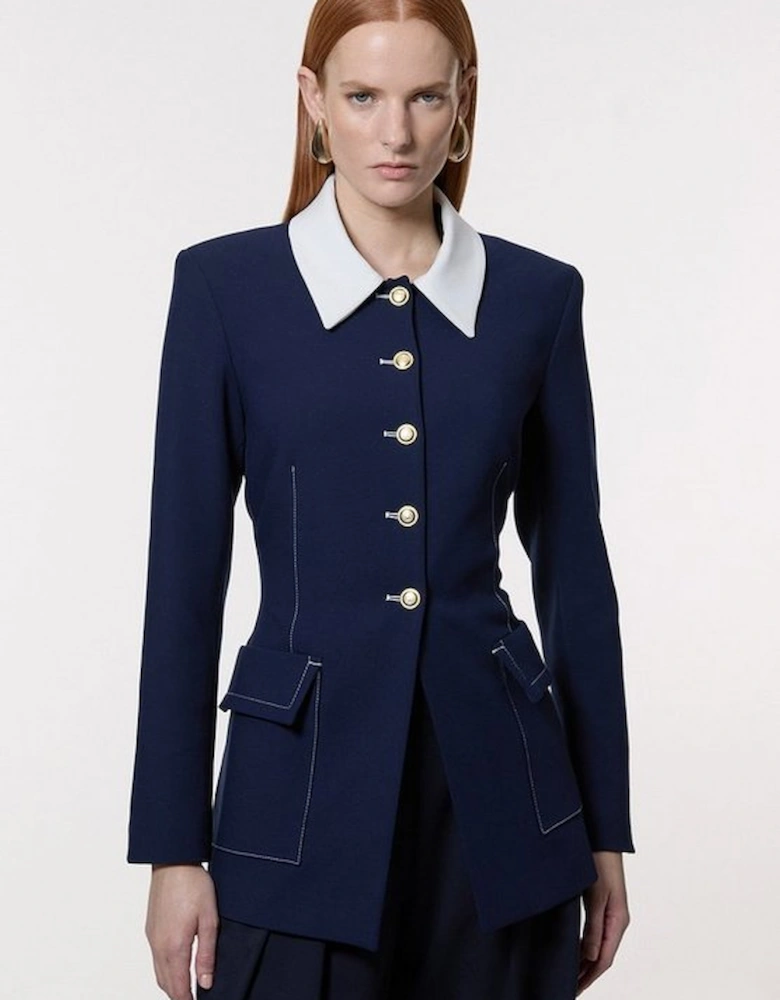 Compact Stretch Tailored Contrast Collar Single Breasted Longline Jacket