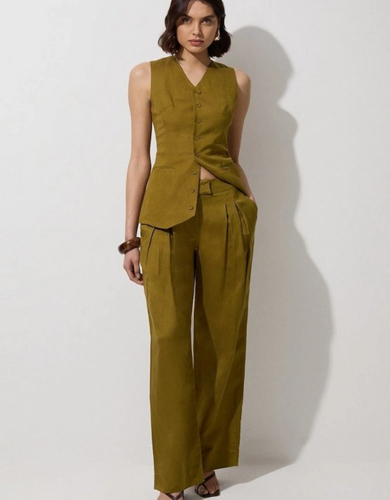 Viscose Linen Pleat And Pocket Detail Woven Straight Leg Trouser