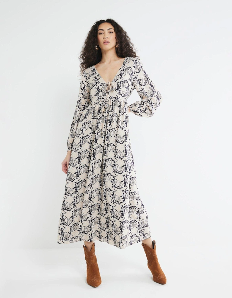 V Neck Printed Maxi Dress - Black