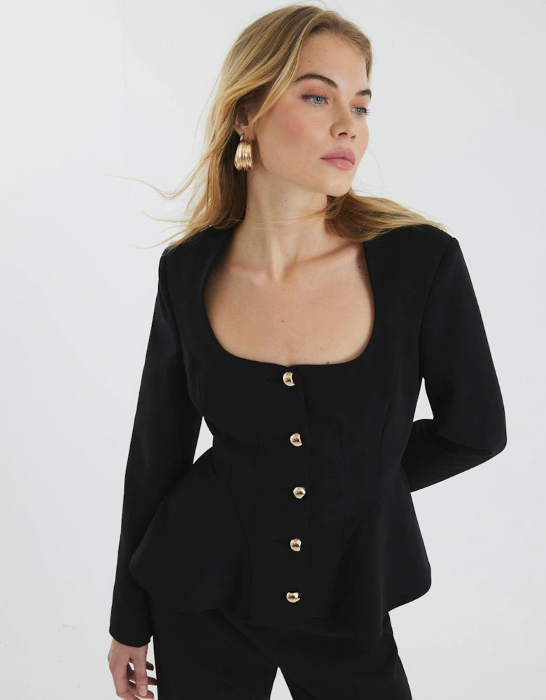 Peplum Button Front Blazer - Black