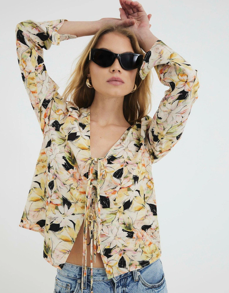 Floral Tie Front Top - Yellow