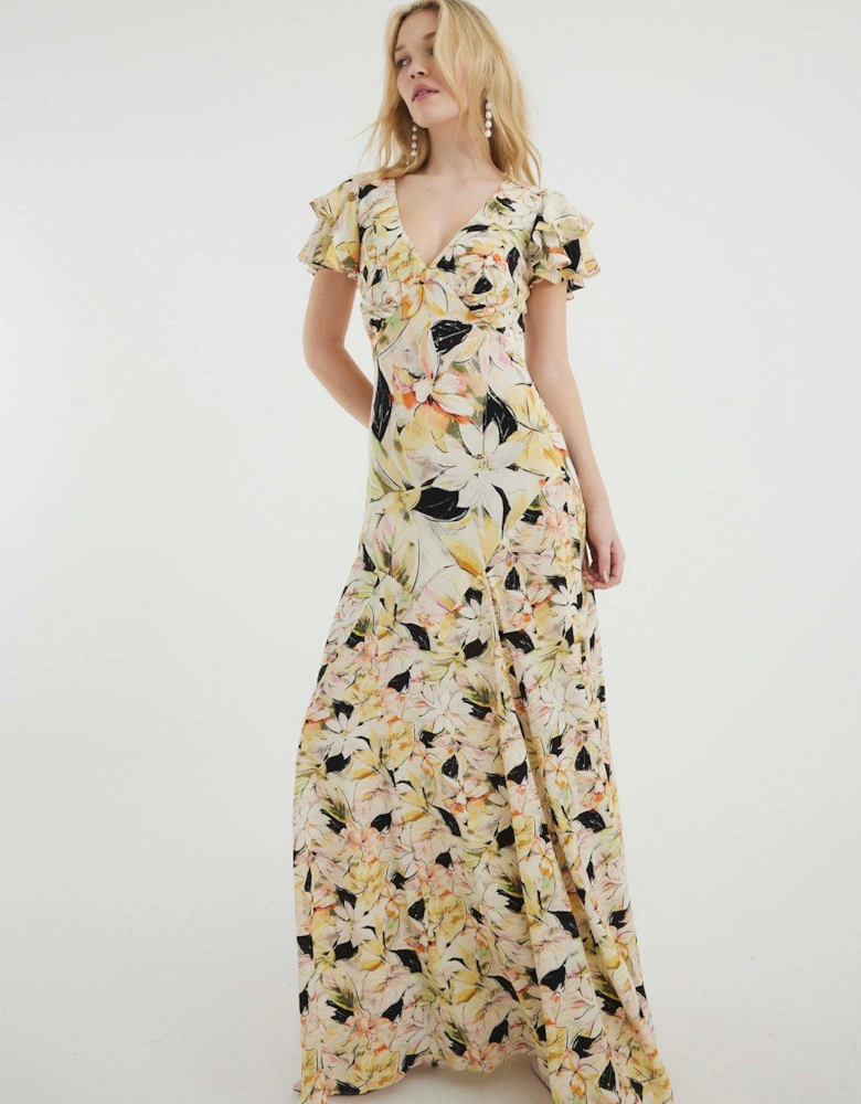 Floral Ruffle Maxi Dress - Yellow