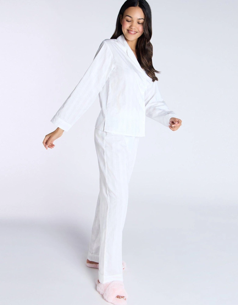 Cotton Stripe Ls Revere & Pant Set - White