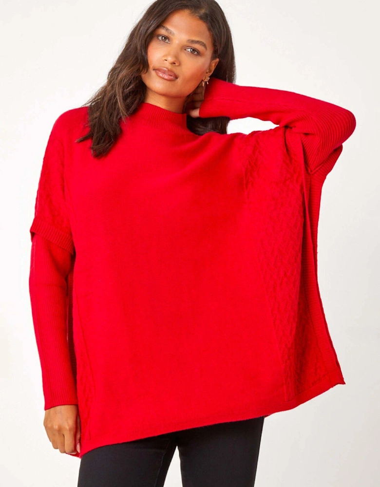 High Neck Longline Knit Jumper - Red