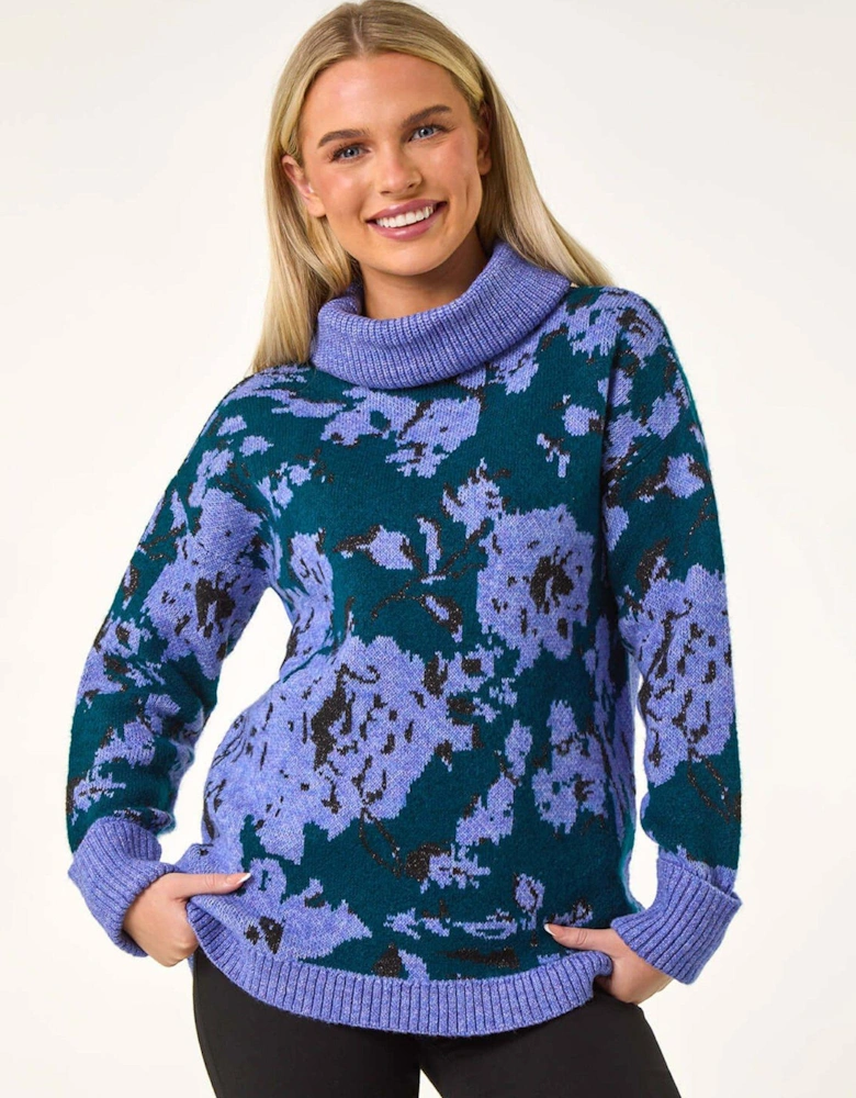 Petite Floral Print Roll Neck Jumper - Blue