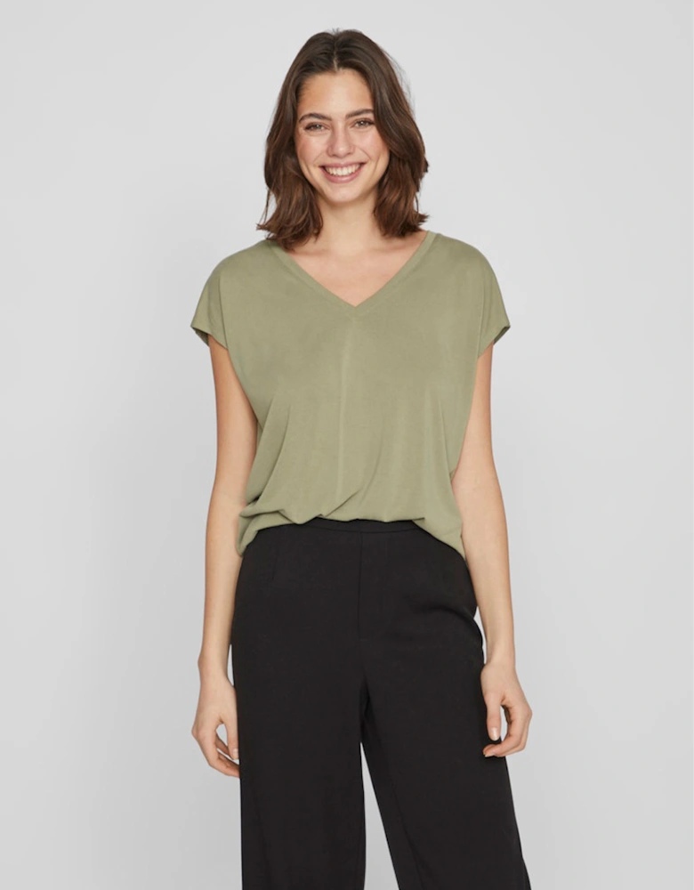 Modala V-Neck Short Sleeve Top Oil Green