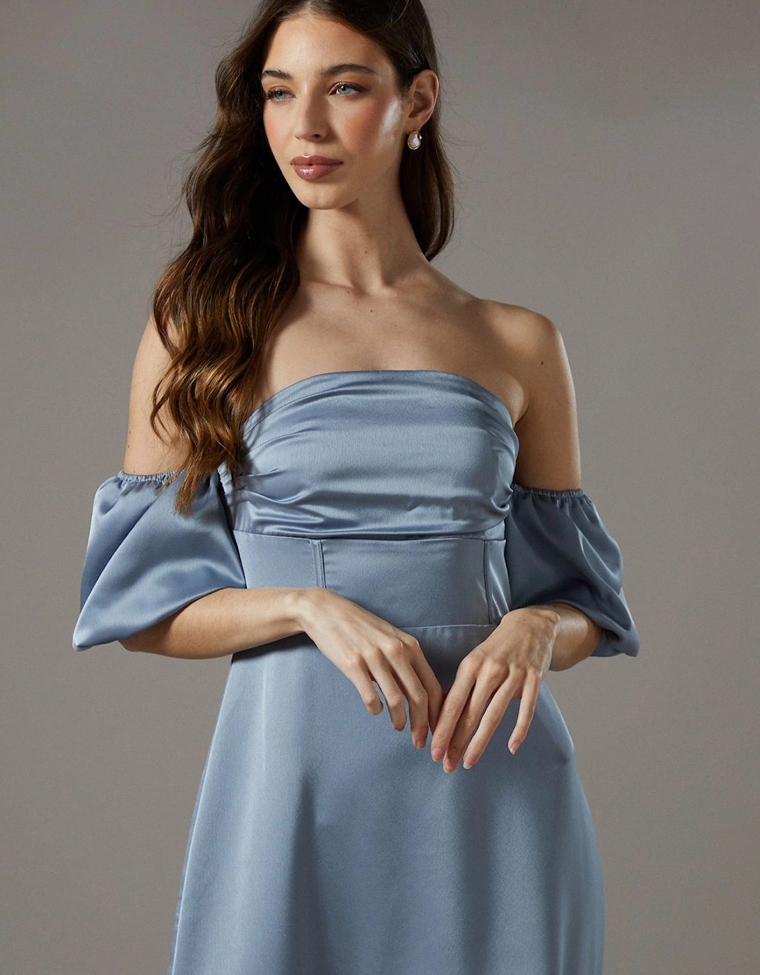 Puff Sleeve Bardot Satin Maxi Bridesmaids Dress