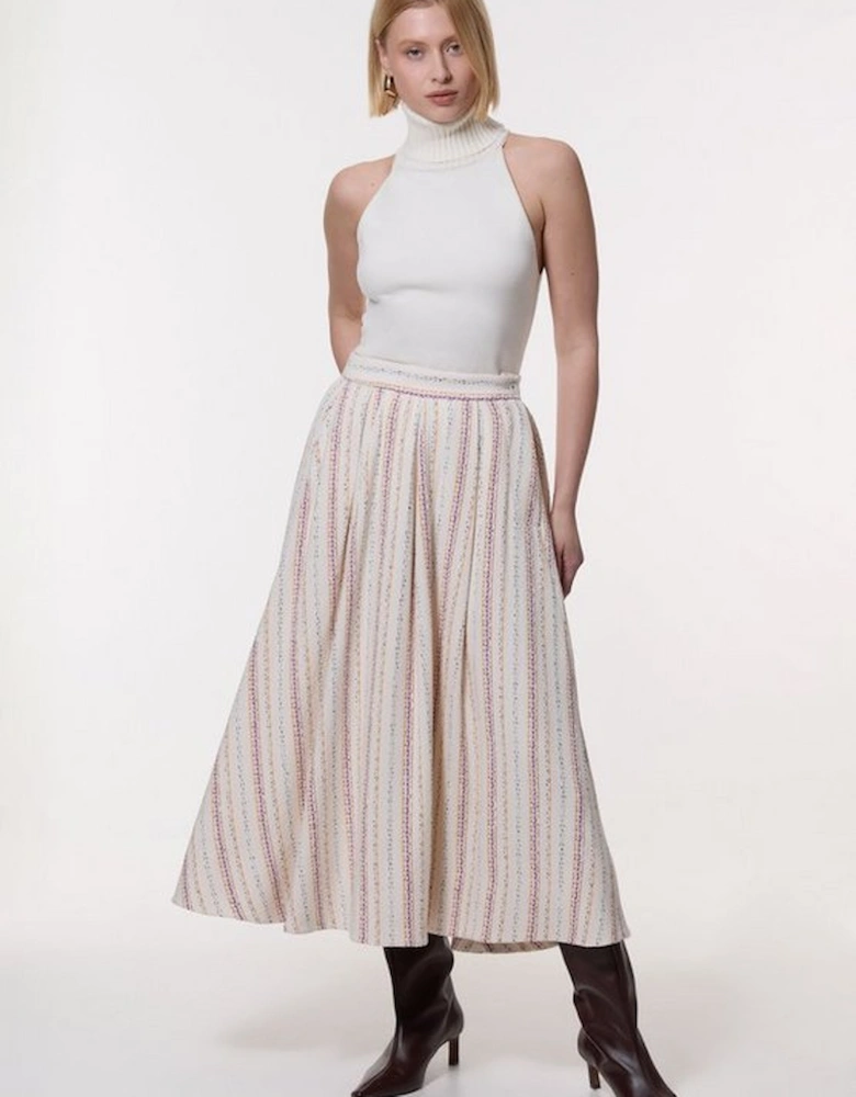 Premium Woven Stripe Tailored Pleated Midi Skirt