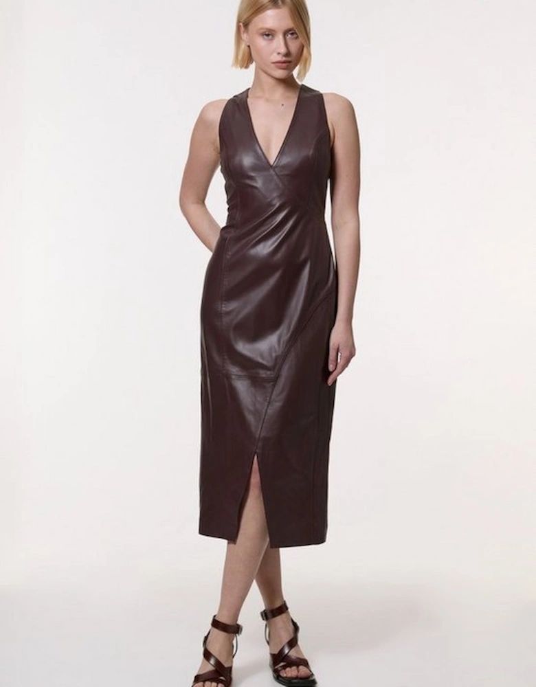 Leather Wrap Seam Pencil Midi Dress