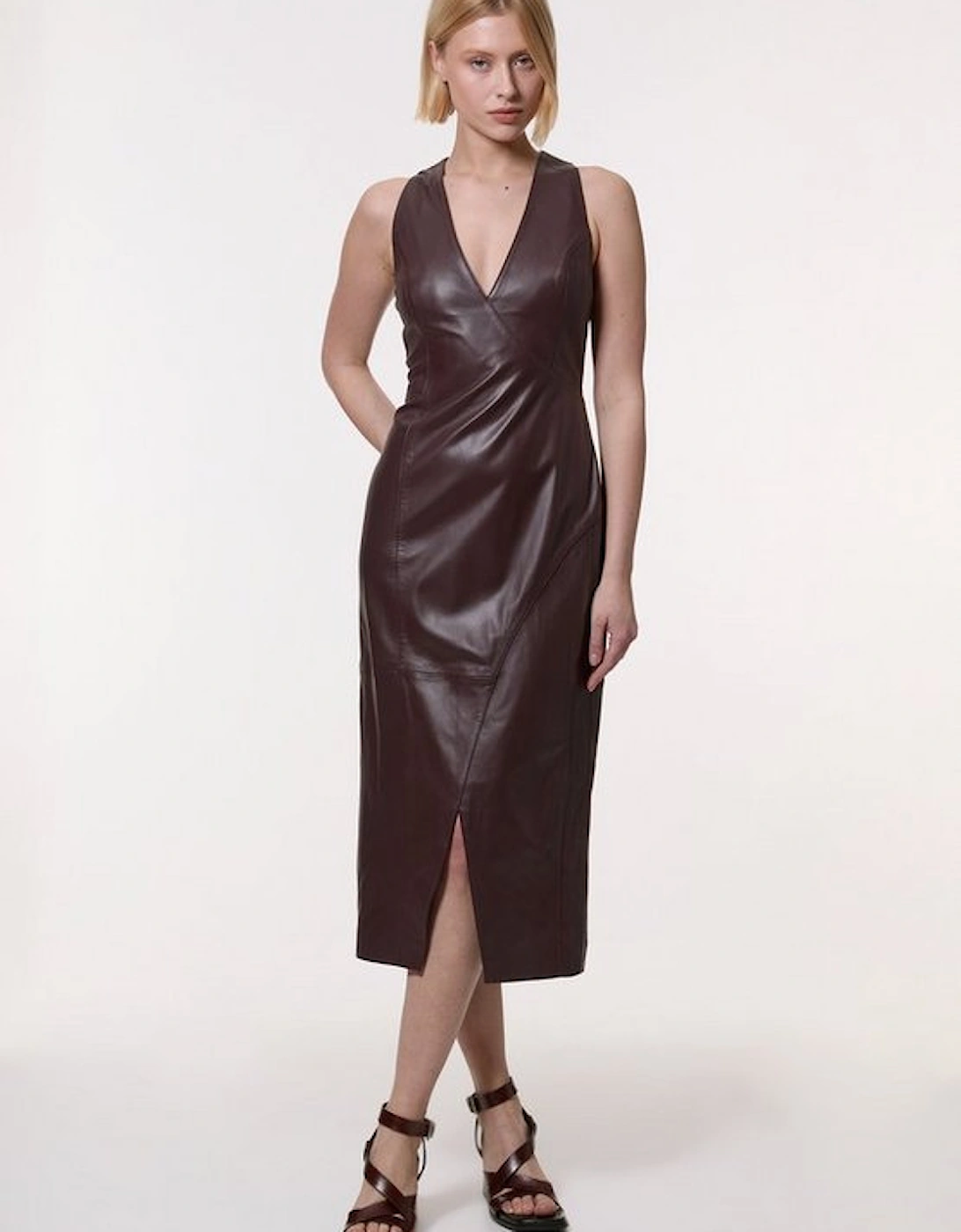 Leather Wrap Seam Pencil Midi Dress, 4 of 3