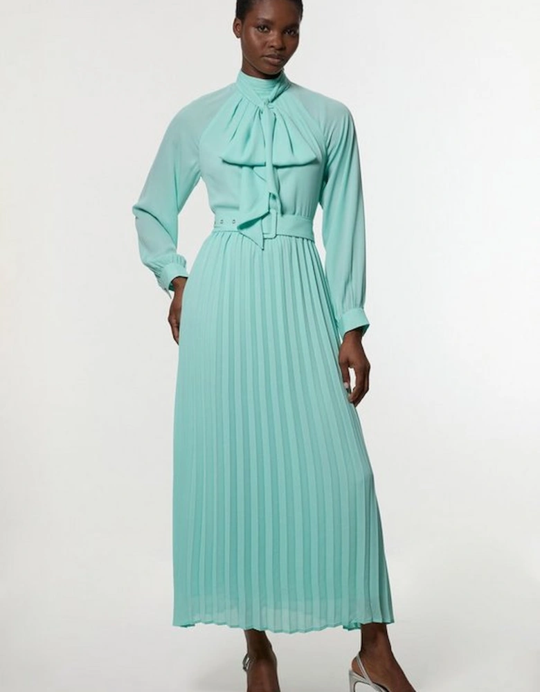 Georgette Tie Neck Woven Belted Maxi Dress