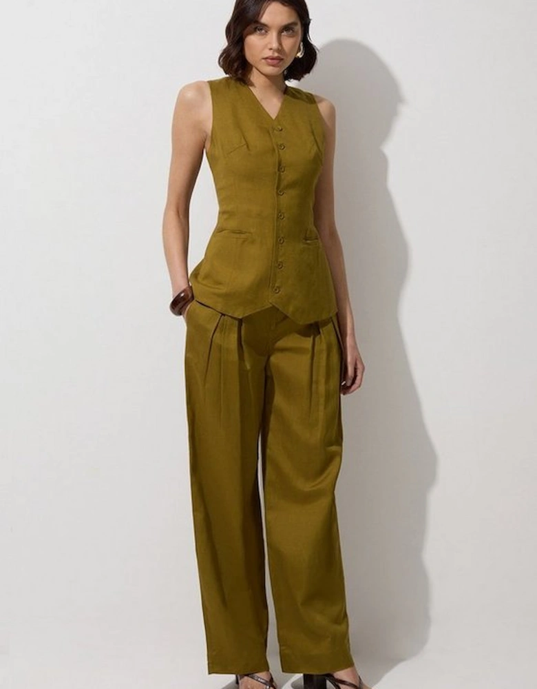 Tall Viscose Linen Pleat And Pocket Detail Woven Straight Leg Trouser