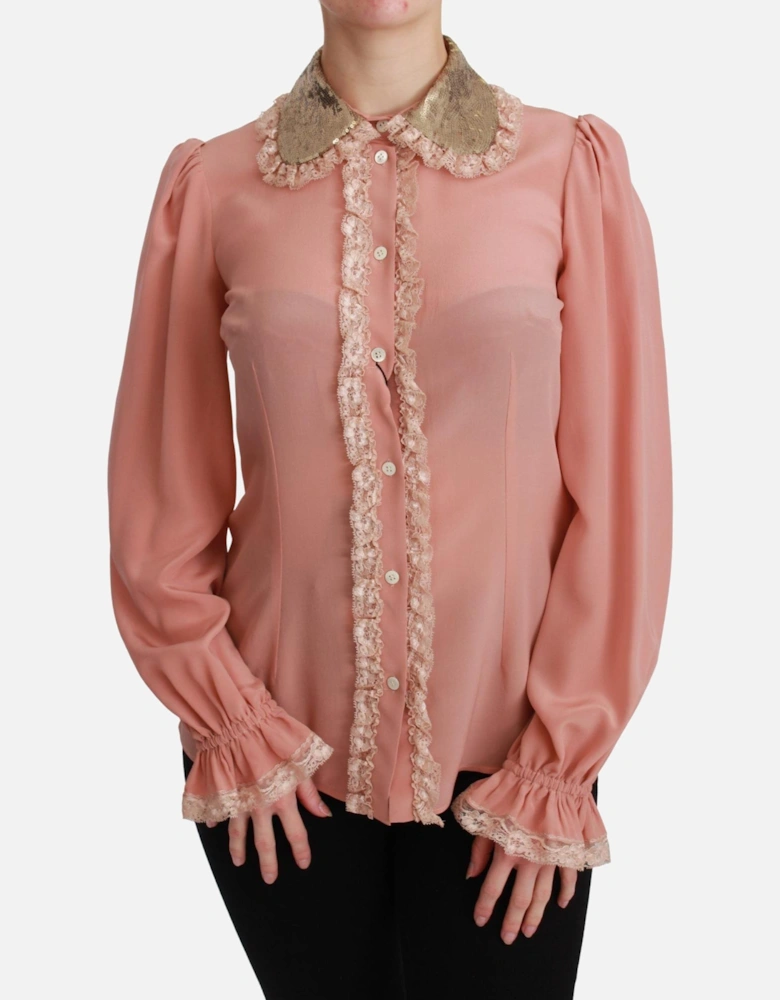Silk Blend Long Sleeve Blouse with Gold Sequined Collar Women Shirts