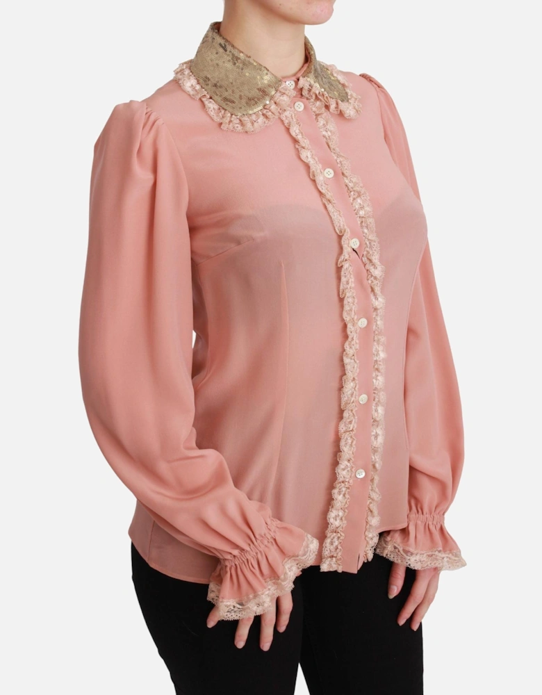 Silk Blend Long Sleeve Blouse with Gold Sequined Collar Women Shirts