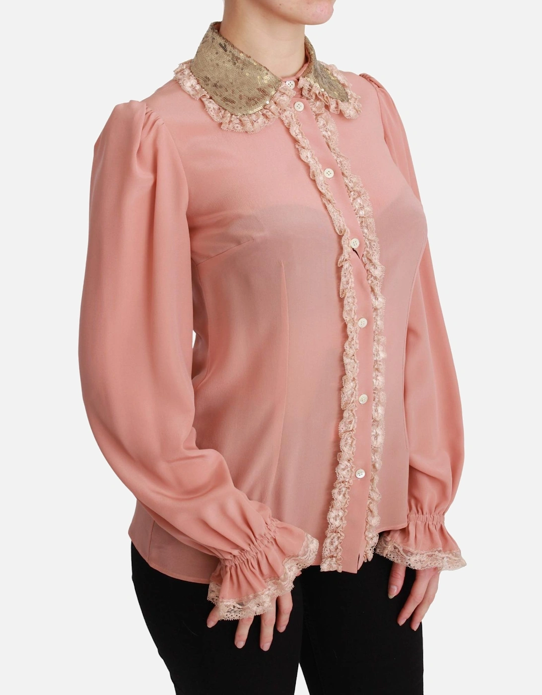 Silk Blend Long Sleeve Blouse with Gold Sequined Collar Women Shirts