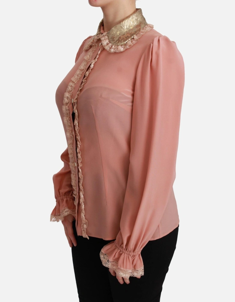 Silk Blend Long Sleeve Blouse with Gold Sequined Collar Women Shirts