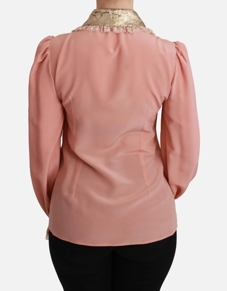Silk Blend Long Sleeve Blouse with Gold Sequined Collar Women Shirts