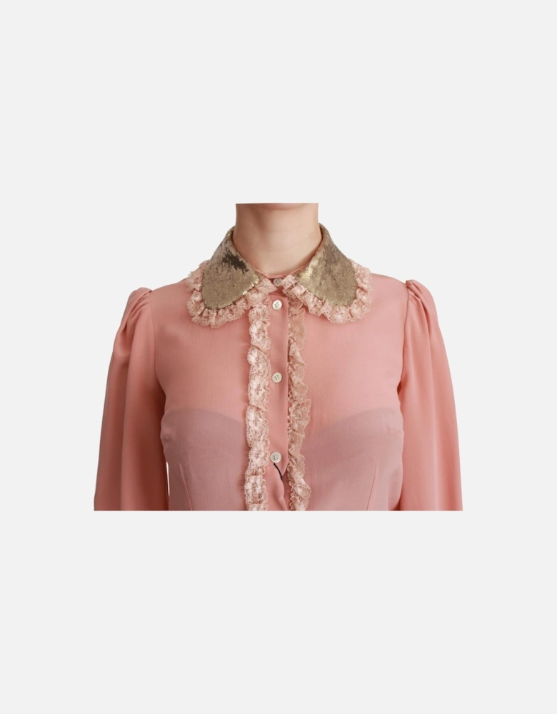 Silk Blend Long Sleeve Blouse with Gold Sequined Collar Women Shirts