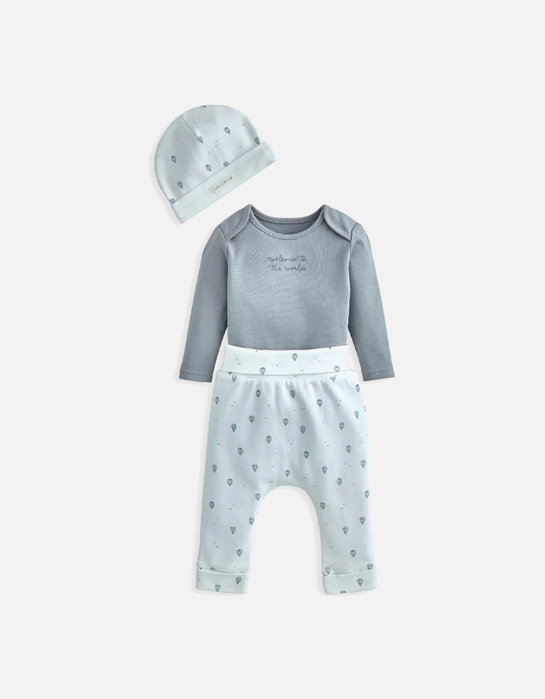 Baby Boys 3 Piece Hot Air Balloon Bodysuit, Legging & Hat Set - Blue