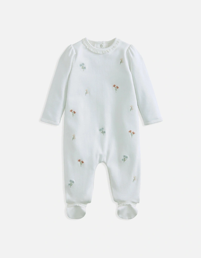 Baby Girls Embroidered Flower Sleepsuit - White