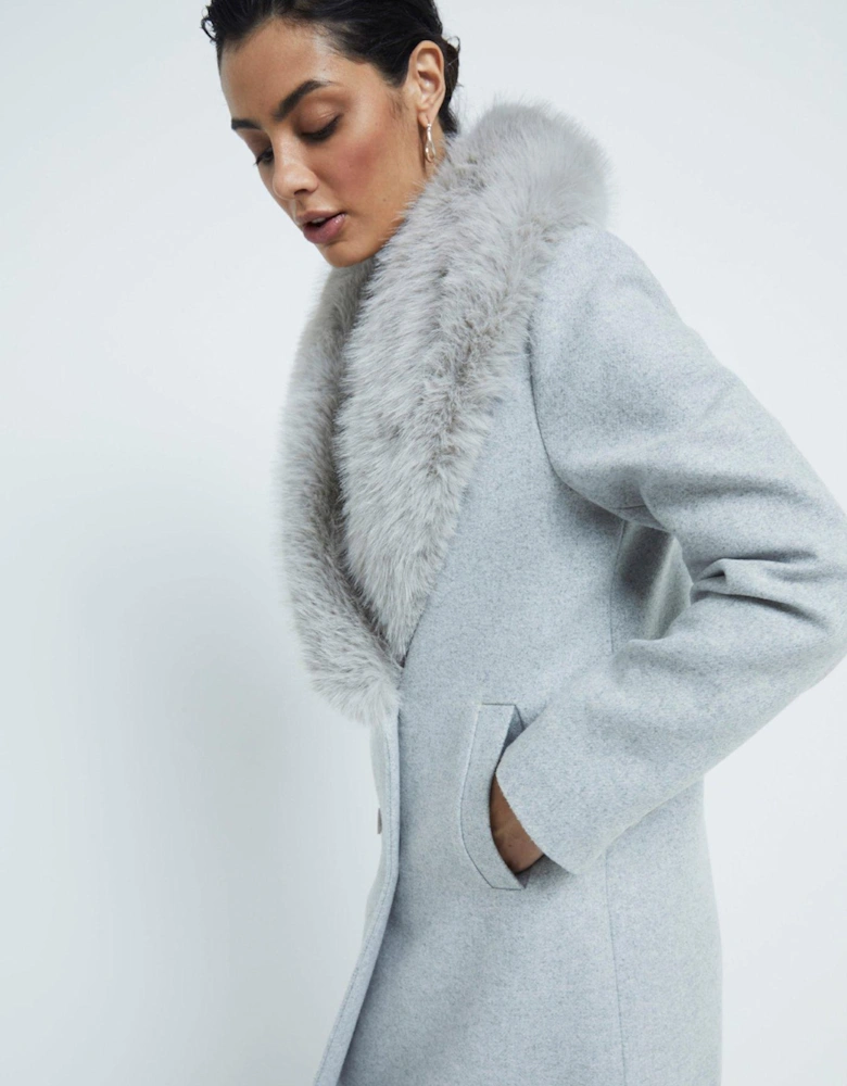 Faux Fur Collar Double Breasted Coat - Light Grey