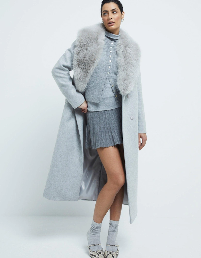 Faux Fur Collar Double Breasted Coat - Light Grey