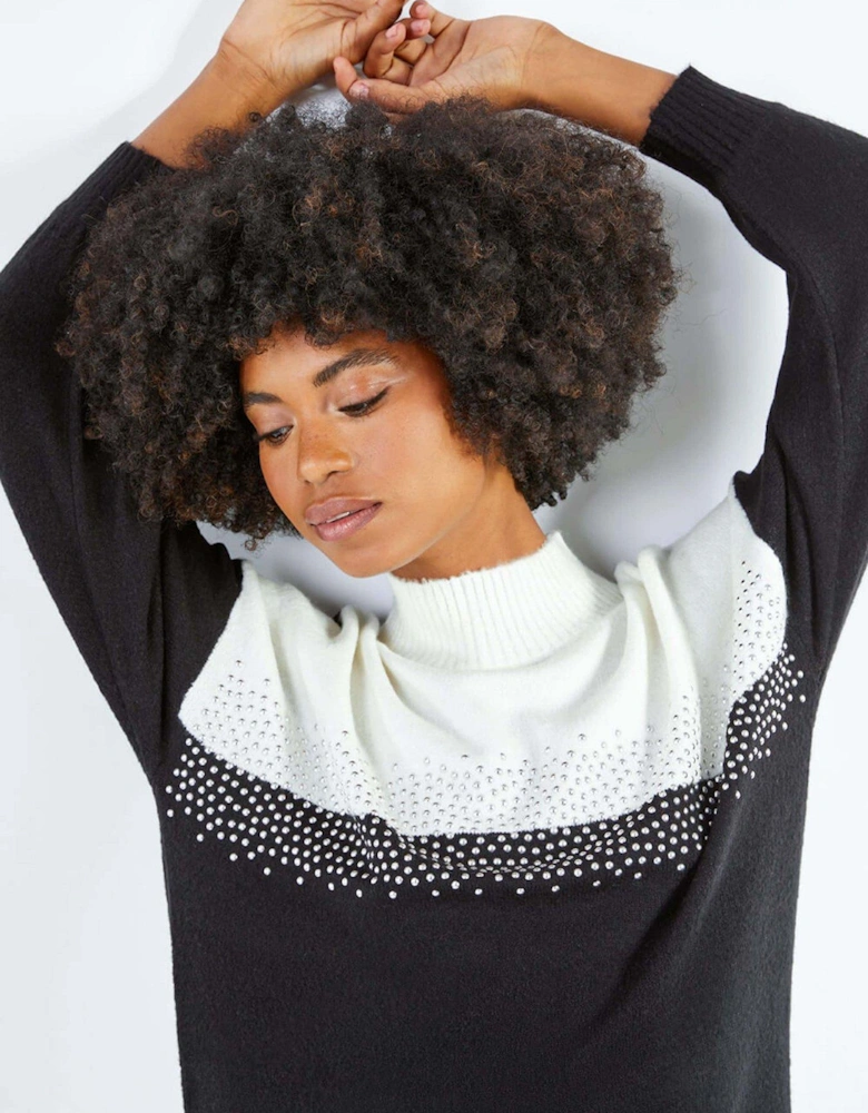 Colourblock Embellished Longline Jumper - Black