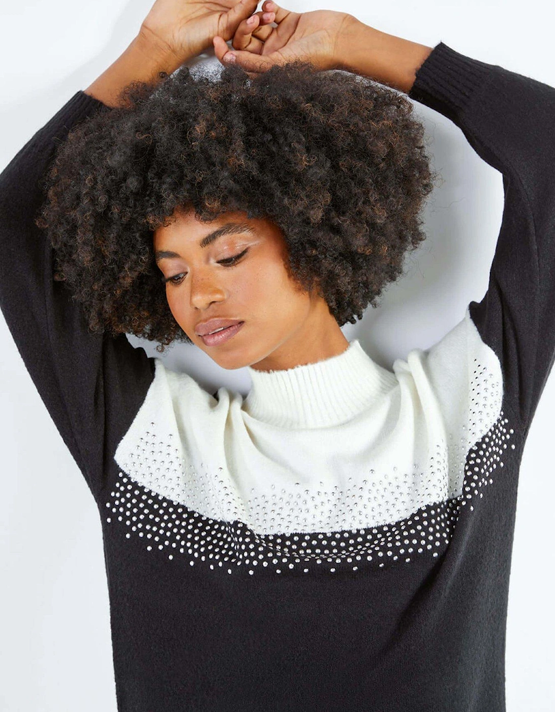 Colourblock Embellished Longline Jumper - Black