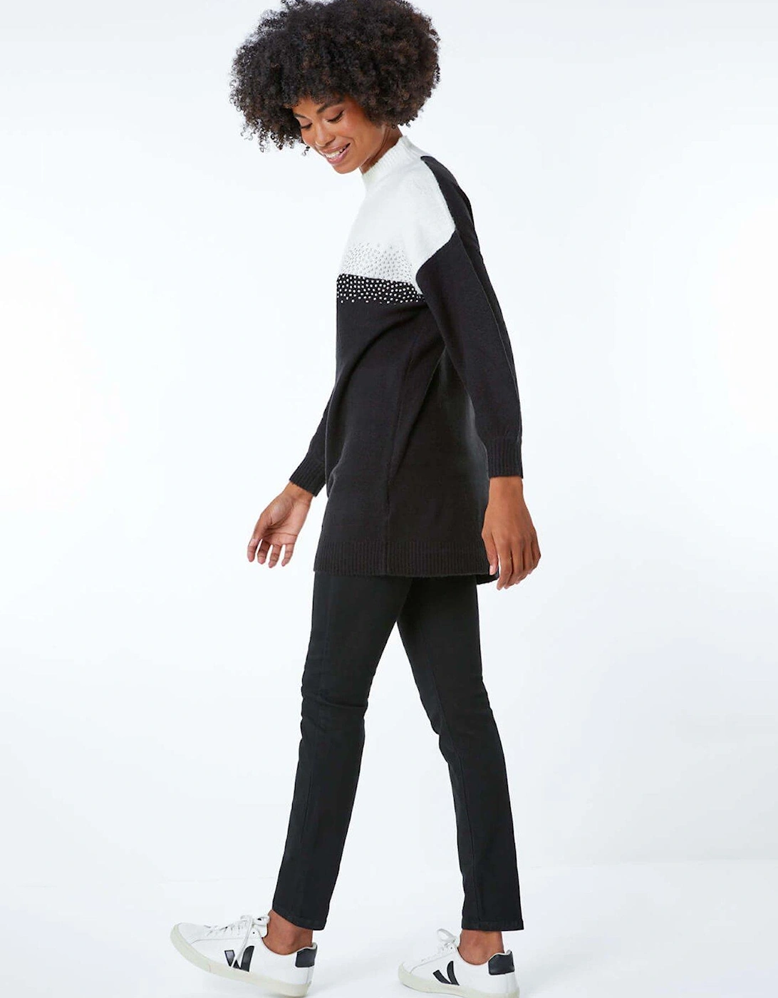 Colourblock Embellished Longline Jumper - Black