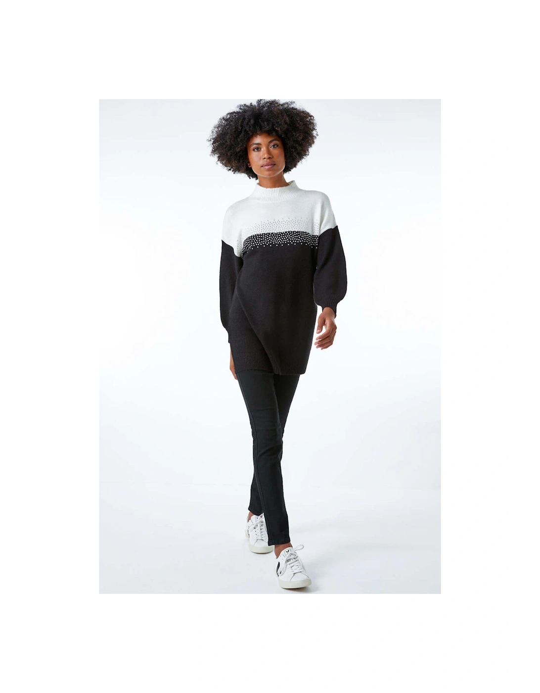 Colourblock Embellished Longline Jumper - Black